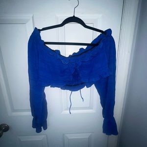 Blue tie front off the shoulder crop top